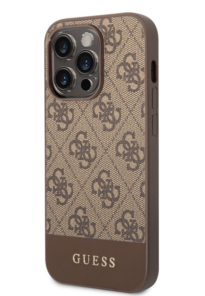 Guess PU 4G Stripe Zadní Kryt pro iPhone 14 Pro Brown