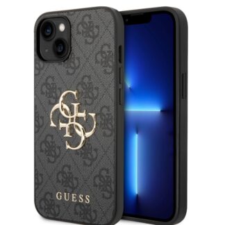Guess PU 4G Metal Logo Zadní Kryt pro iPhone 15 Grey