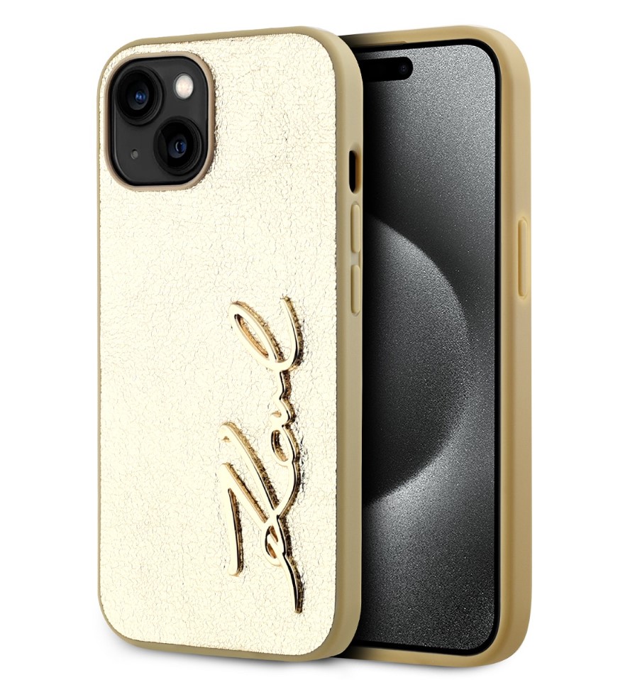 Karl Lagerfeld Wrinkled PU Signature Logo Zadní Kryt pro iPhone 15 Gold