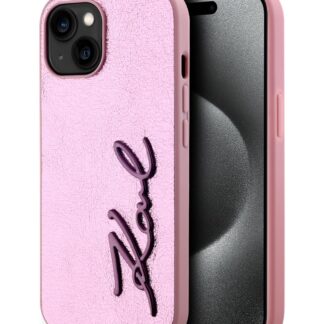 Karl Lagerfeld Wrinkled PU Signature Logo Zadní Kryt pro iPhone 15 Pink