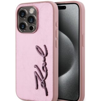 Karl Lagerfeld Wrinkled PU Signature Logo Zadní Kryt pro iPhone 15 Pro Pink