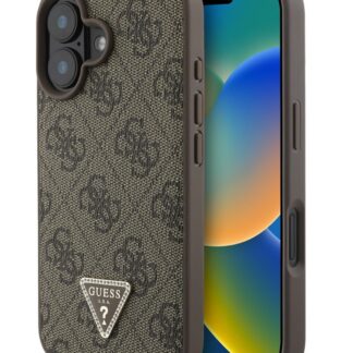 Guess PU 4G Strass Triangle Metal Logo Zadní Kryt pro iPhone 16 Brown