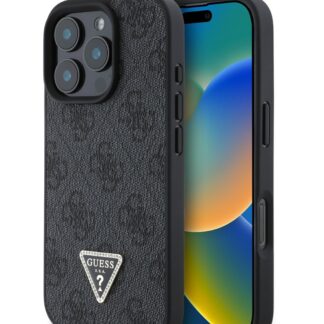 Guess PU 4G Strass Triangle Metal Logo Zadní Kryt pro iPhone 16 Pro Black