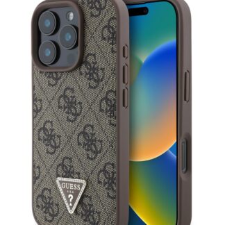 Guess PU 4G Strass Triangle Metal Logo Zadní Kryt pro iPhone 16 Pro Brown