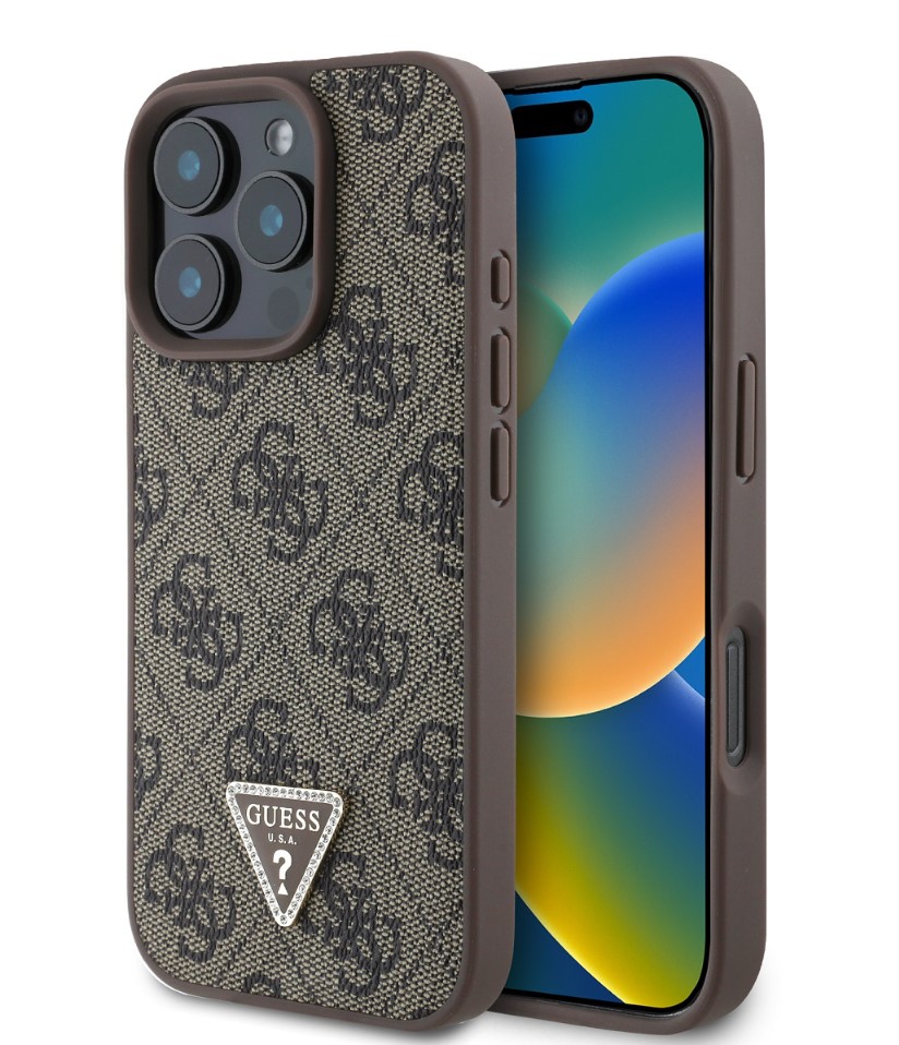 Guess PU 4G Strass Triangle Metal Logo Zadní Kryt pro iPhone 16 Pro Brown