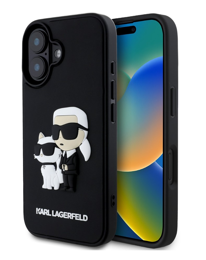 Karl Lagerfeld 3D Rubber Karl and Choupette Zadní Kryt pro iPhone 16 Black