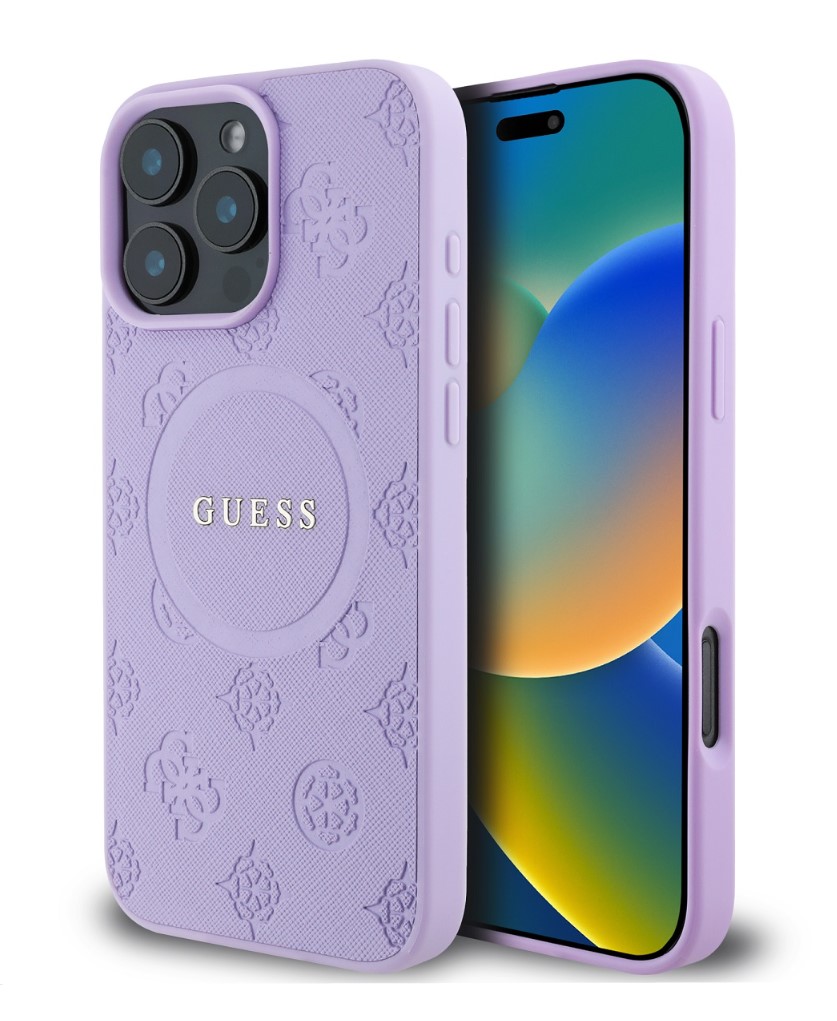 Guess Saffiano Peony Stamp MagSafe Zadní Kryt pro iPhone 16 Pro Purple