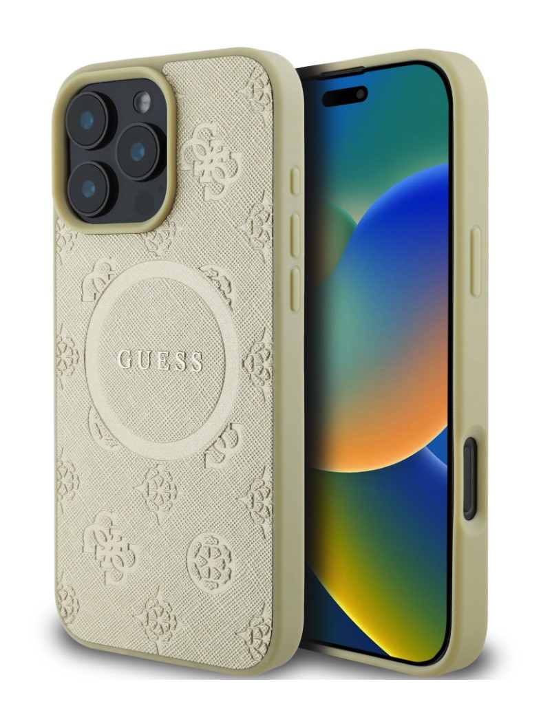Guess Saffiano Peony Stamp MagSafe Zadní Kryt pro iPhone 16 Pro Gold