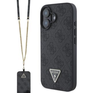 Guess PU 4G Strass Triangle Metal Logo Zadní Kryt + Crossbody Popruh pro iPhone 16 Black