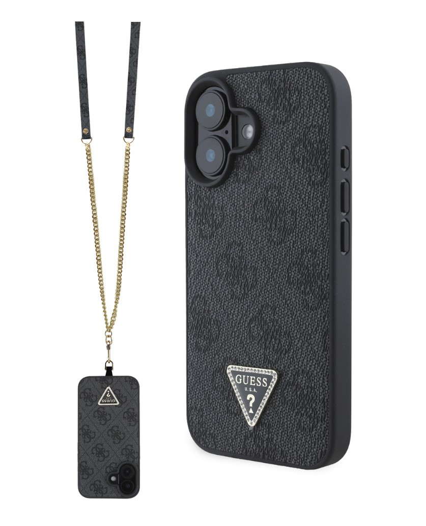 Guess PU 4G Strass Triangle Metal Logo Zadní Kryt + Crossbody Popruh pro iPhone 16 Black