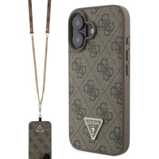 Guess PU 4G Strass Triangle Metal Logo Zadní Kryt + Crossbody Popruh pro iPhone 16 Brown