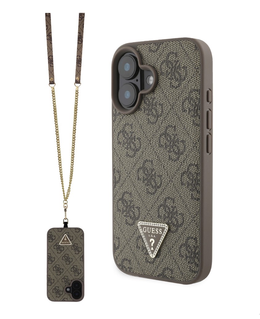 Guess PU 4G Strass Triangle Metal Logo Zadní Kryt + Crossbody Popruh pro iPhone 16 Brown