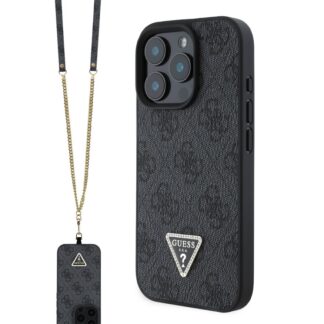 Guess PU 4G Strass Triangle Metal Logo Zadní Kryt + Crossbody Popruh pro iPhone 16 Pro Black