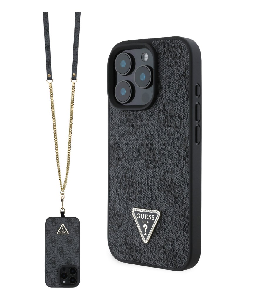 Guess PU 4G Strass Triangle Metal Logo Zadní Kryt + Crossbody Popruh pro iPhone 16 Pro Black