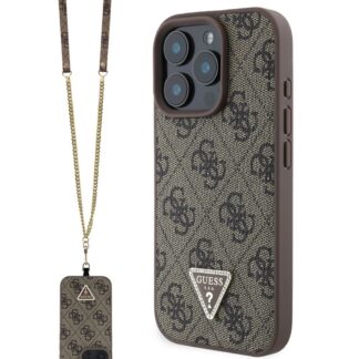Guess PU 4G Strass Triangle Metal Logo Zadní Kryt + Crossbody Popruh pro iPhone 16 Pro Brown