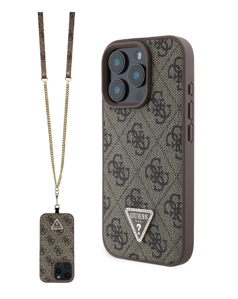 Guess PU 4G Strass Triangle Metal Logo Zadní Kryt + Crossbody Popruh pro iPhone 16 Pro Brown