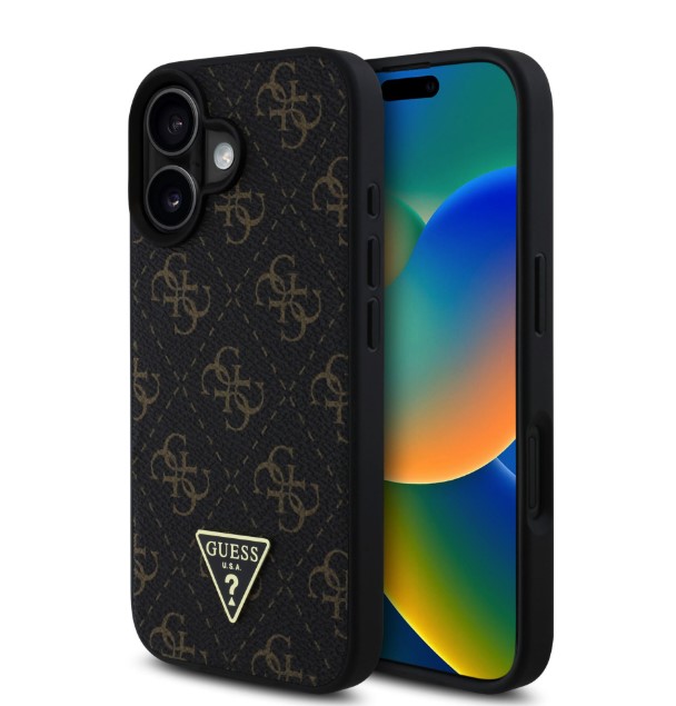 Guess PU Leather 4G Triangle Metal Logo Zadní Kryt pro iPhone 16 Black