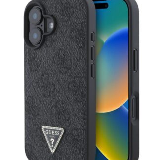Guess PU 4G Strass Triangle Metal Logo Zadní Kryt pro iPhone 16 Black