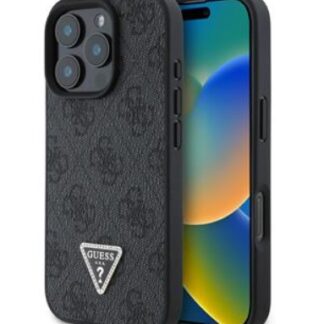 Guess PU 4G Strass Triangle Metal Logo Zadní Kryt pro iPhone 16 Pro Black