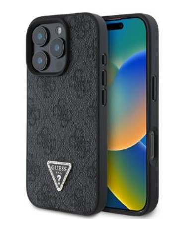 Guess PU 4G Strass Triangle Metal Logo Zadní Kryt pro iPhone 16 Pro Black