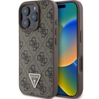 Guess PU 4G Strass Triangle Metal Logo Zadní Kryt pro iPhone 16 Pro Brown