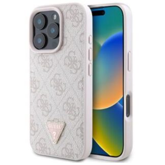 Guess PU 4G Strass Triangle Metal Logo Zadní Kryt pro iPhone 16 Pro Pink