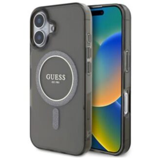Guess IML Glitter Ring MagSafe Zadní Kryt pro iPhone 16 Black