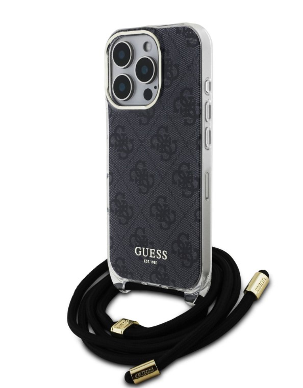 Guess IML 4G Printed Crossbody Popruh Zadní Kryt pro iPhone 16 Pro Black