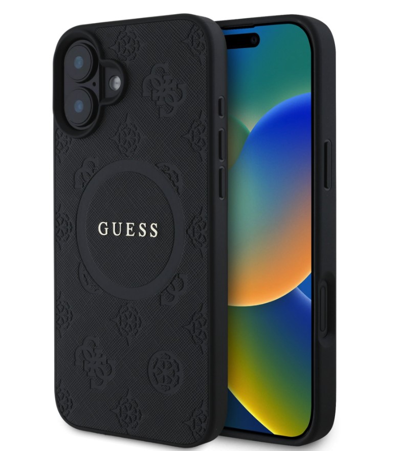 Guess Saffiano Peony Stamp MagSafe Zadní Kryt pro iPhone 16 Black