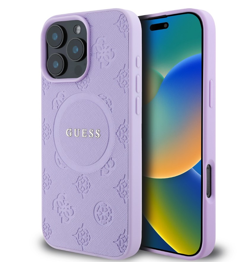 Guess Saffiano Peony Stamp MagSafe Zadní Kryt pro iPhone 16 Pro Purple
