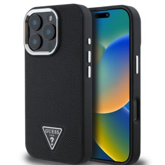 Guess PU Grained Triangle Logo Zadní Kryt pro iPhone 16 Pro Black