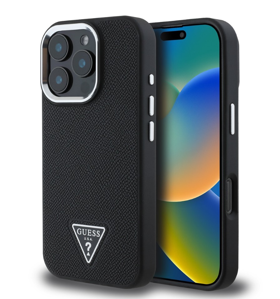 Guess PU Grained Triangle Logo Zadní Kryt pro iPhone 16 Pro Black