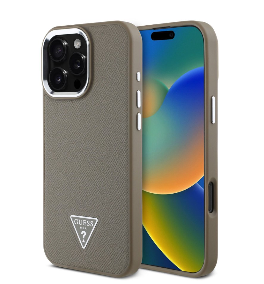Guess PU Grained Triangle Logo Zadní Kryt pro iPhone 16 Pro Brown