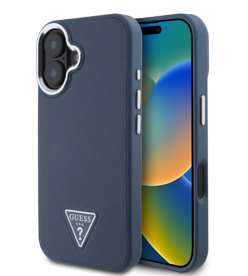 Guess PU Grained Triangle Logo Zadní Kryt pro iPhone 16 Blue