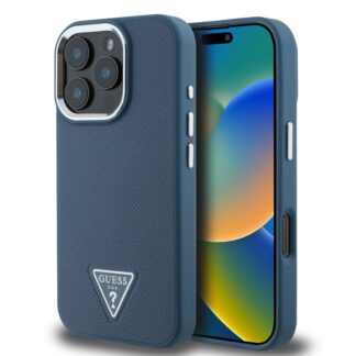 Guess PU Grained Triangle Logo Zadní Kryt pro iPhone 16 Pro Blue