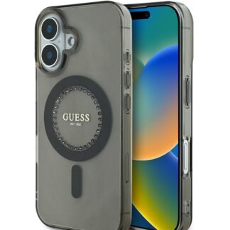 Guess IML Rhinestones Ring MagSafe Zadní Kryt pro iPhone 16 Black