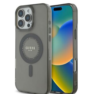 Guess IML Rhinestones Ring MagSafe Zadní Kryt pro iPhone 16 Pro Black