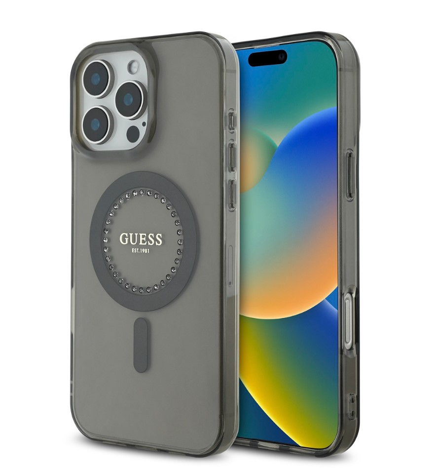 Guess IML Rhinestones Ring MagSafe Zadní Kryt pro iPhone 16 Pro Black