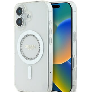 Guess IML Rhinestones Ring MagSafe Zadní Kryt pro iPhone 16 White