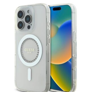 Guess IML Rhinestones Ring MagSafe Zadní Kryt pro iPhone 16 Pro White