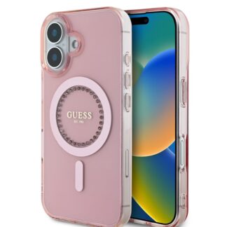 Guess IML Rhinestones Ring MagSafe Zadní Kryt pro iPhone 16 Pink