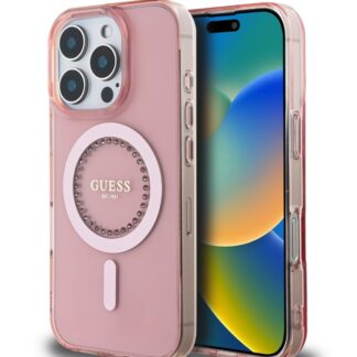 Guess IML Rhinestones Ring MagSafe Zadní Kryt pro iPhone 16 Pro Pink