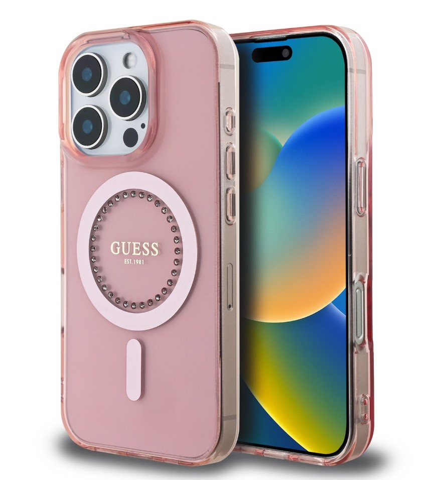 Guess IML Rhinestones Ring MagSafe Zadní Kryt pro iPhone 16 Pro Pink