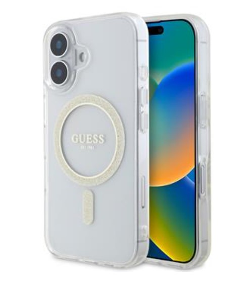 Guess IML Glitter Ring MagSafe Zadní Kryt pro iPhone 16 Plus Transparent