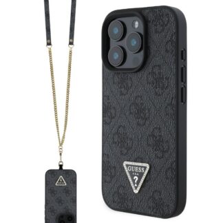 Guess PU 4G Strass Triangle Metal Logo Zadní Kryt + Crossbody Popruh pro iPhone 16 Pro Max Black