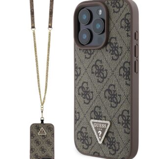 Guess PU 4G Strass Triangle Metal Logo Zadní Kryt + Crossbody Popruh pro iPhone 16 Pro Max Brown